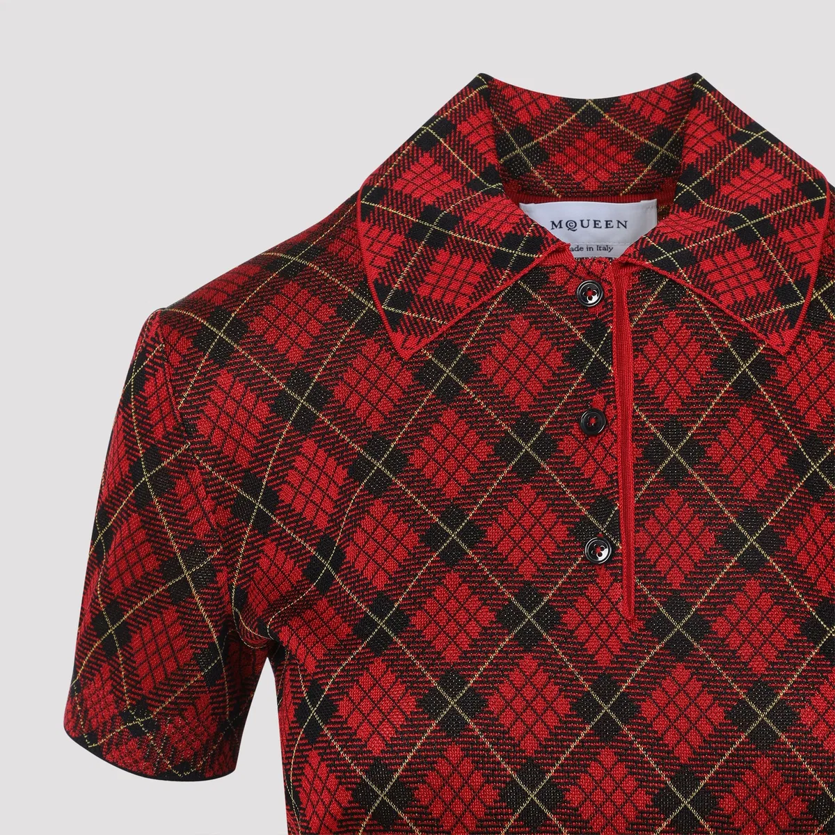 Alexander Mcqueen Microcheck Polo Shirt Lurex Collar Detail In Red