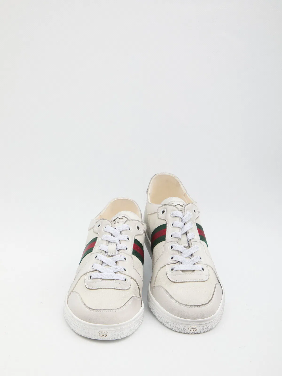 Gucci Leather Stretch Lace Up Sneakers Signature Stripe In White