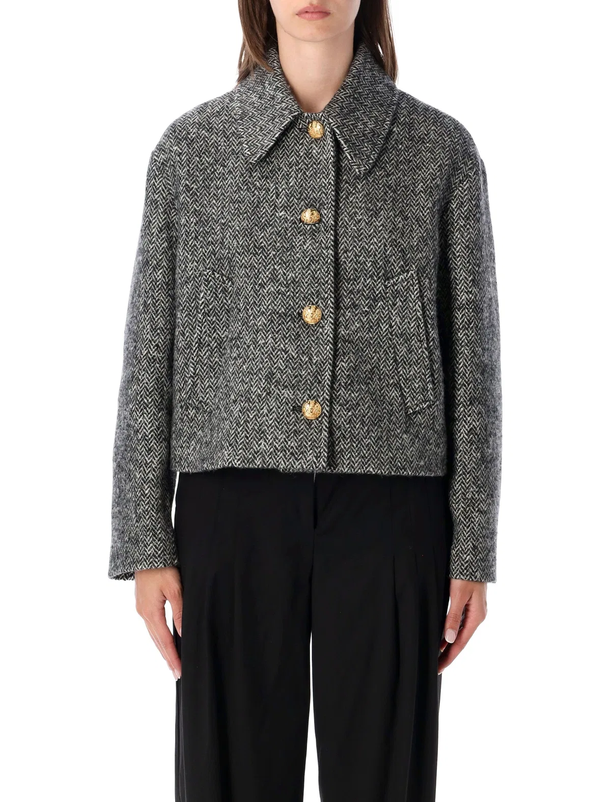Valentino Tailored Peacoat Cropped Houndstooth Long Sleeves In Gray