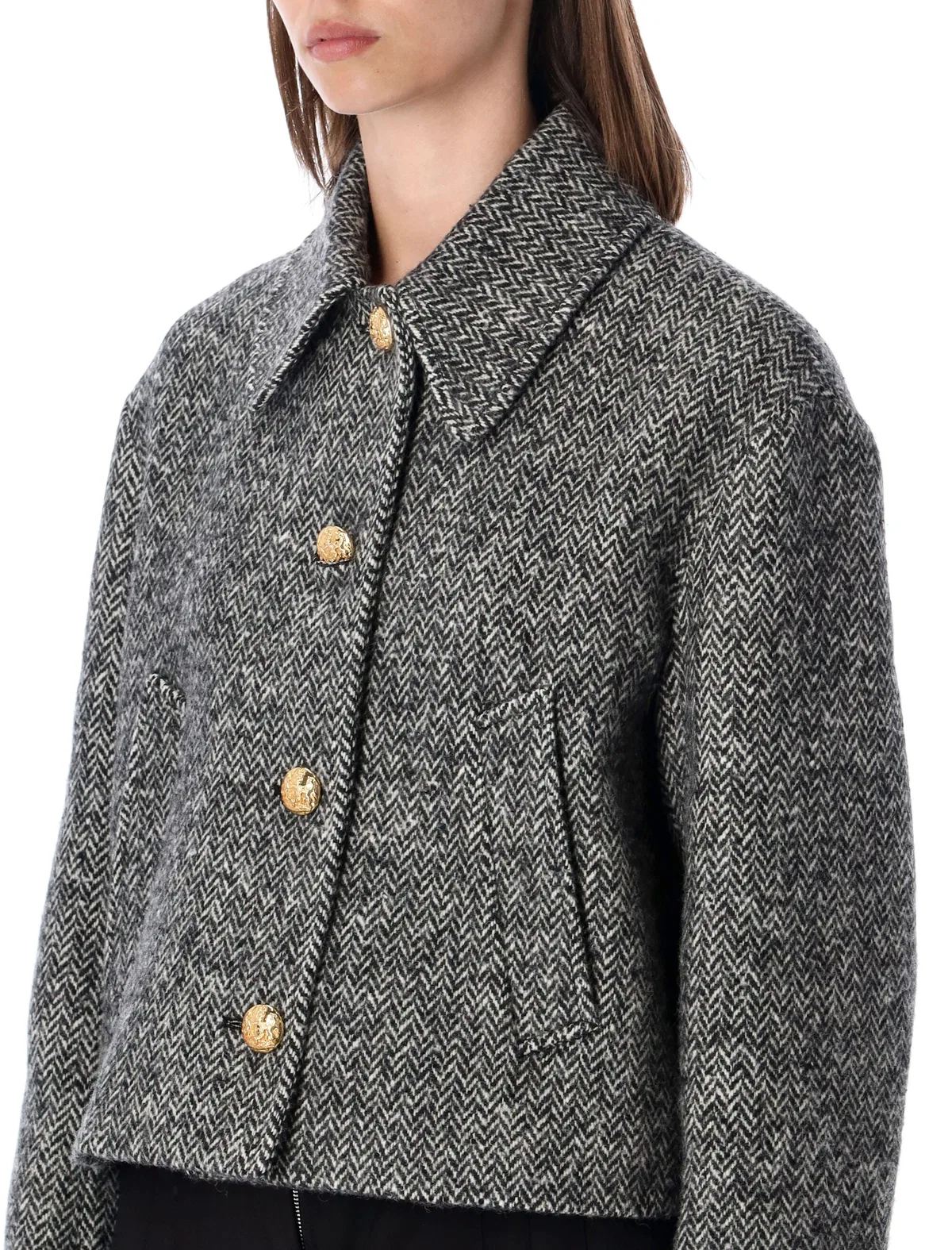 Valentino Tailored Peacoat Cropped Houndstooth Long Sleeves In Gray