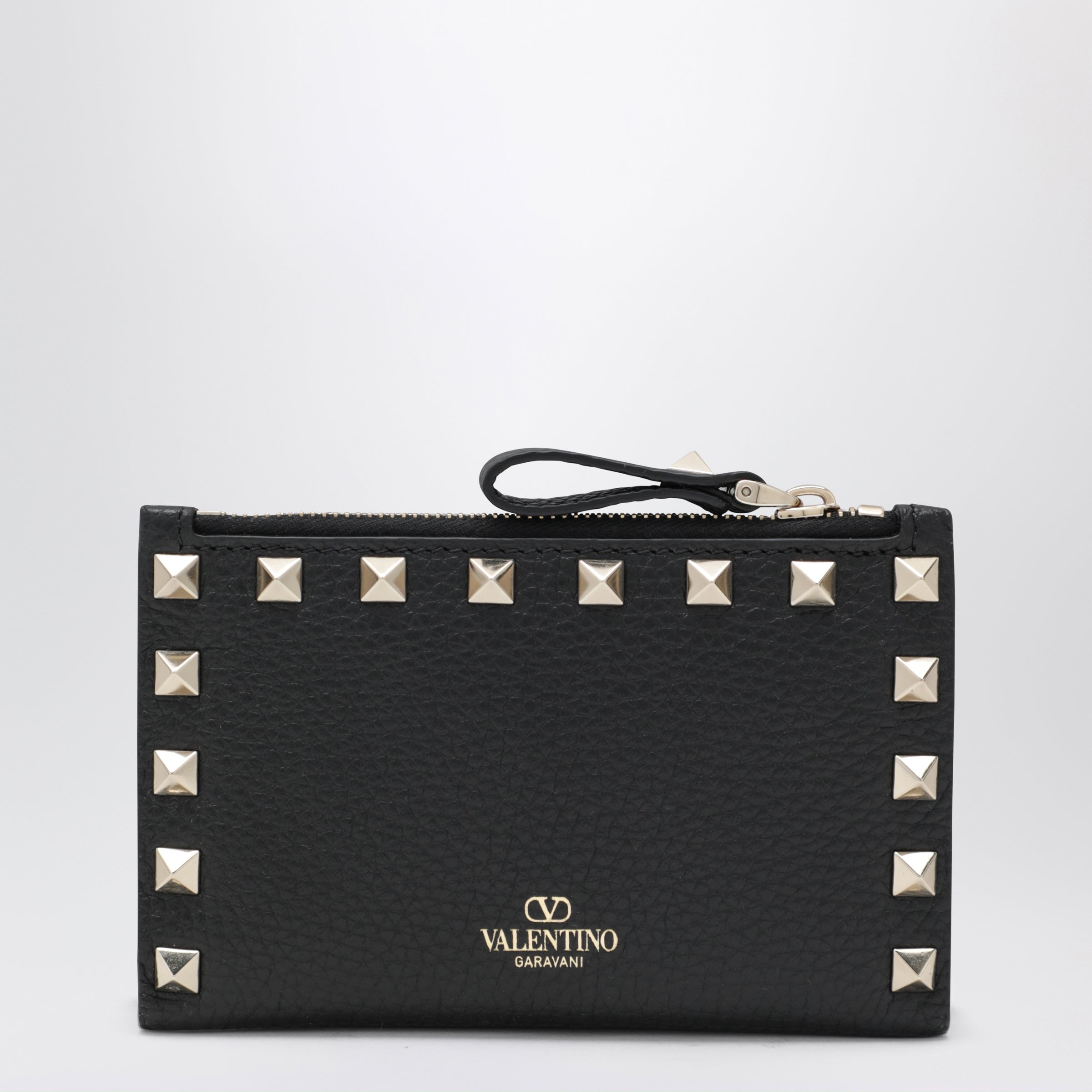 Black Leather Rockstud Zip Card Holder