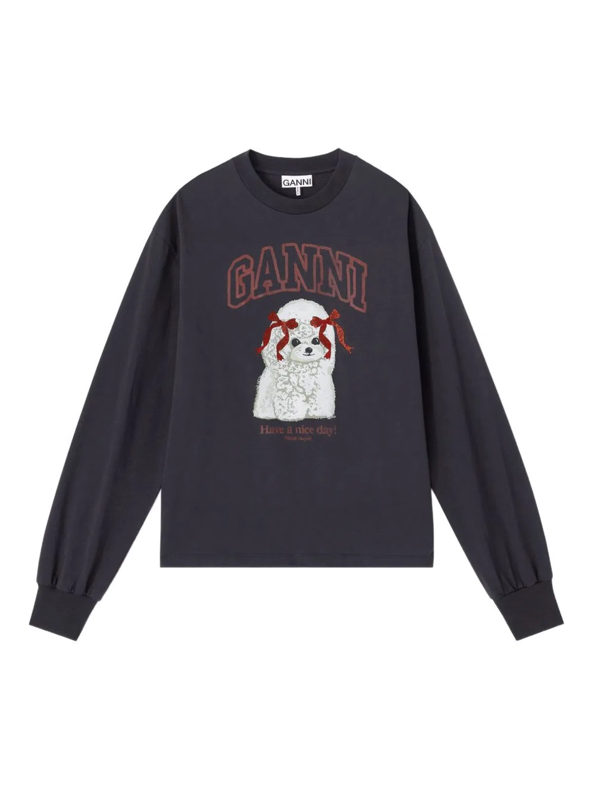 Ganni Organic Cotton Crew Neck Graphic Sweater In Black