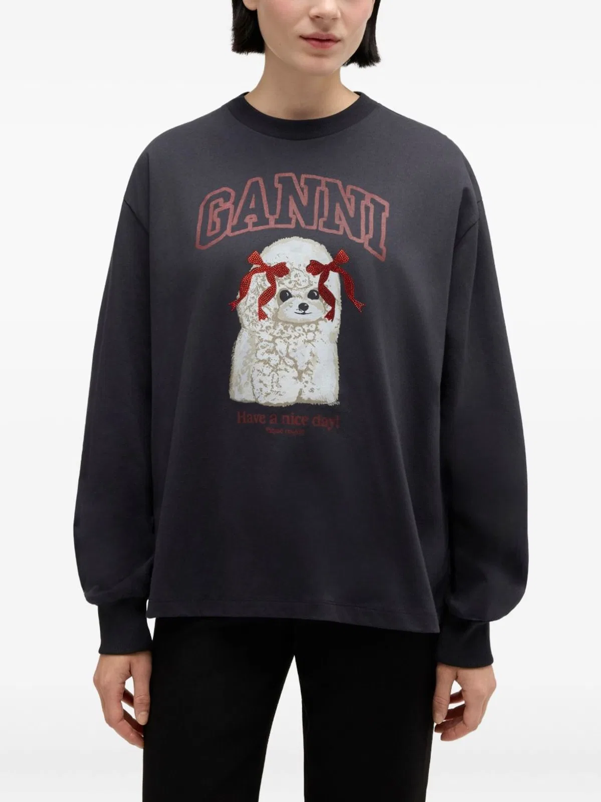 Ganni Organic Cotton Crew Neck Graphic Sweater In Black