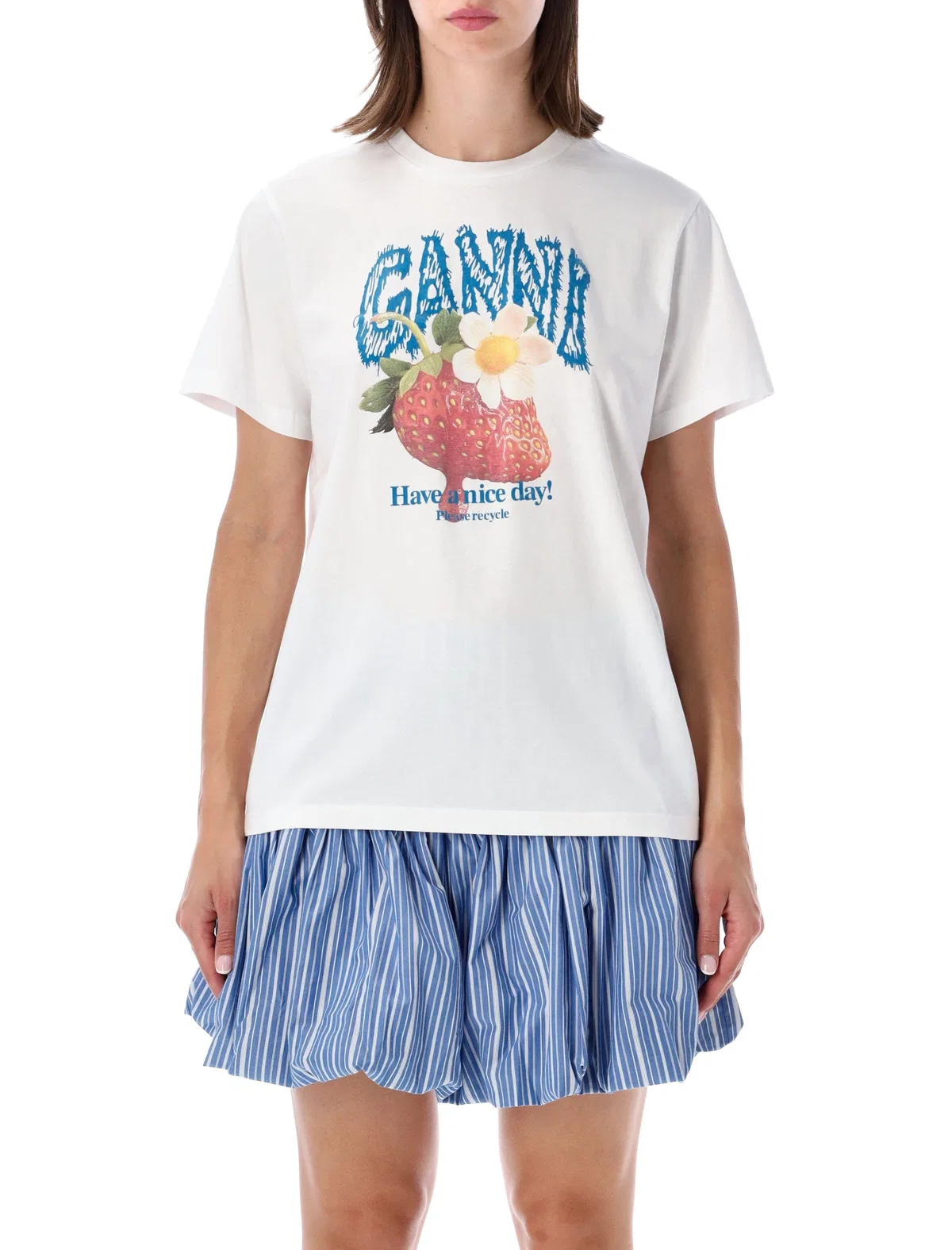 Ganni Womens Bright White Jersey Strawberry Printed Round-neck Cotton-jersey T-shirt In White