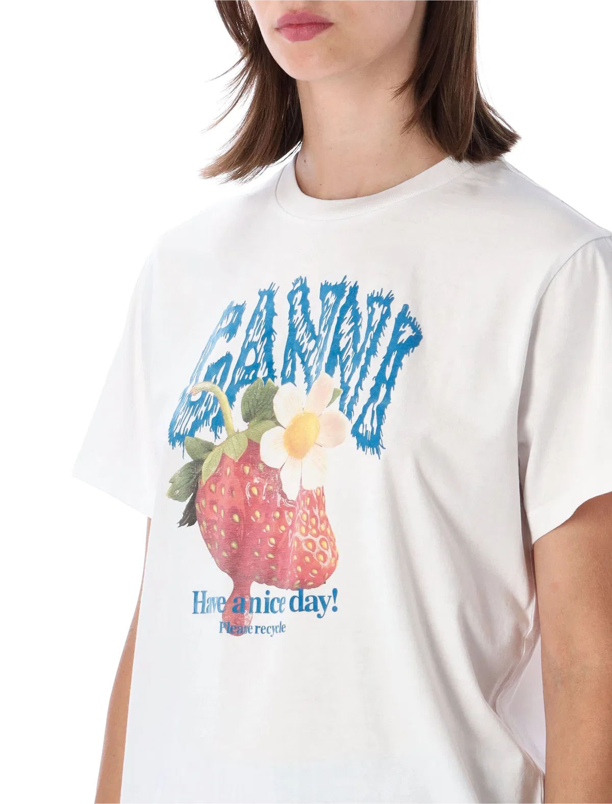 Ganni Womens Bright White Jersey Strawberry Printed Round-neck Cotton-jersey T-shirt In White
