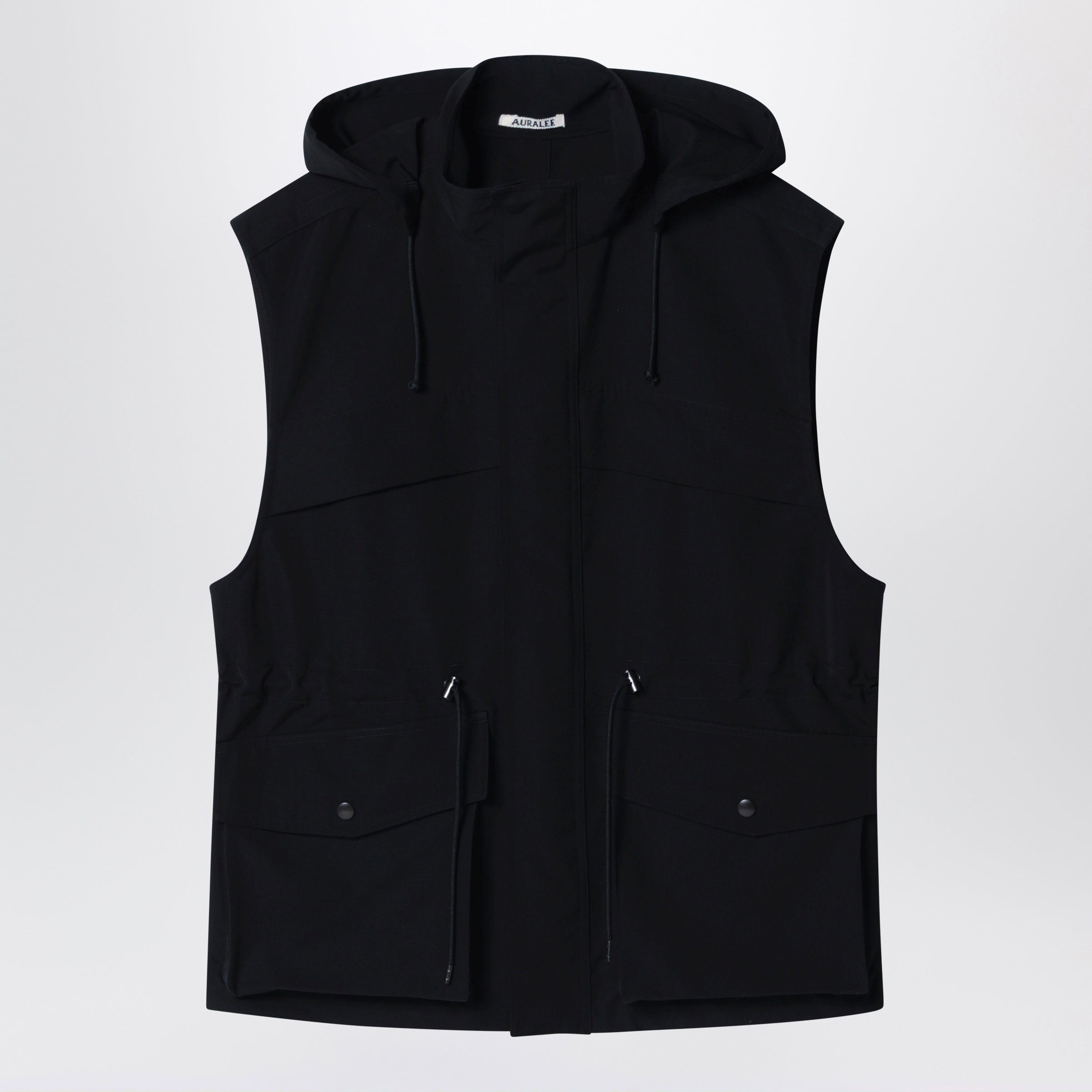 Black Wool Canvas Gilet With Drawstring