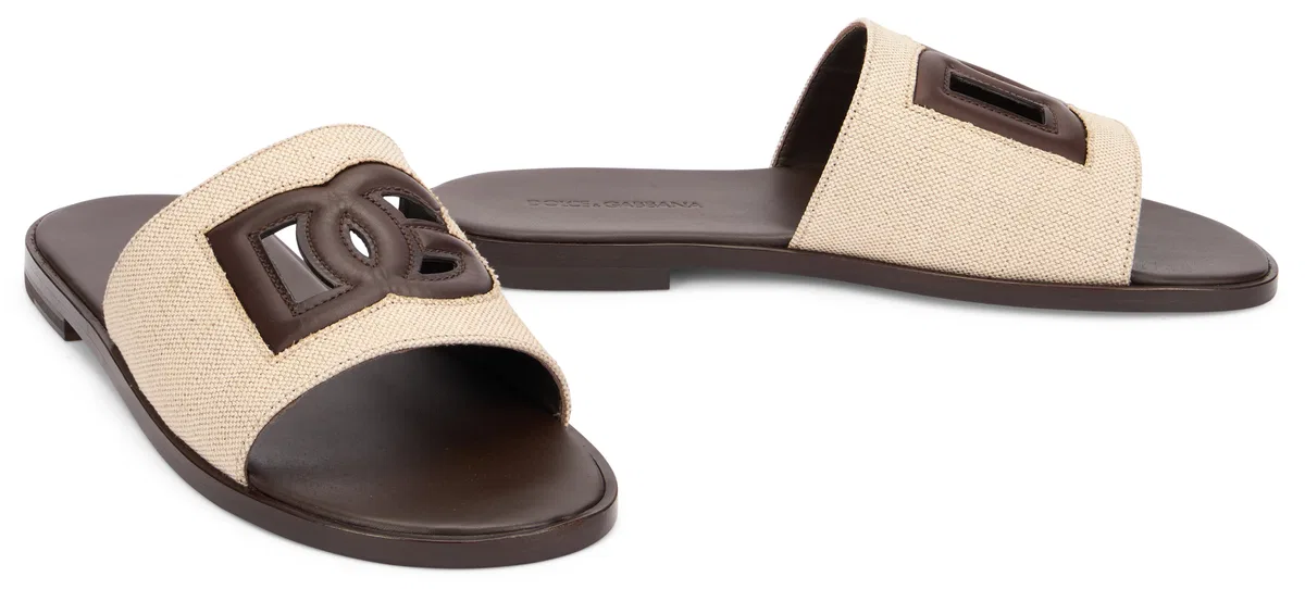 Dolce & Gabbana Canvas Sandals Flat Sole Open Toe In Neutral
