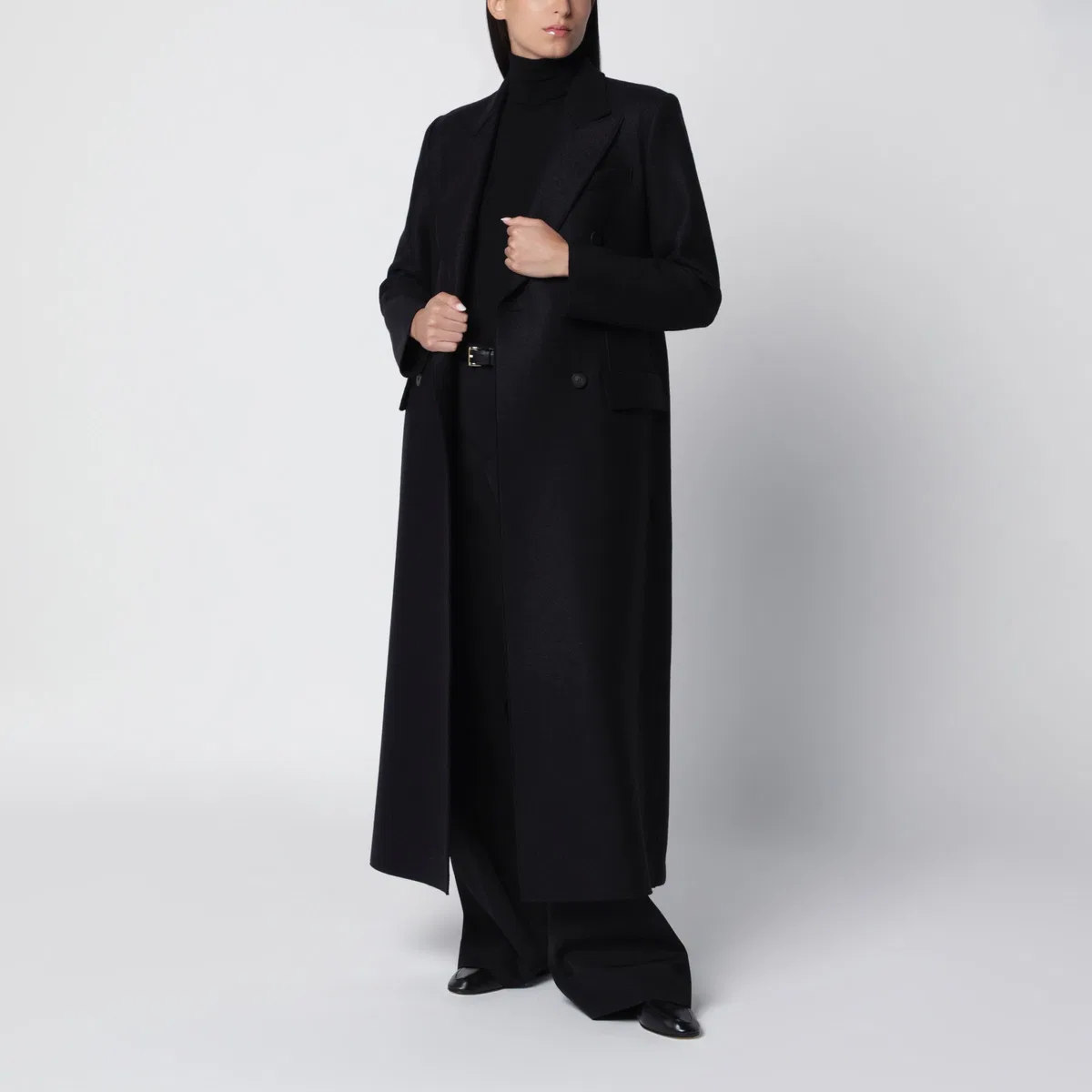 Long Black Double-Breasted Wool Coat
