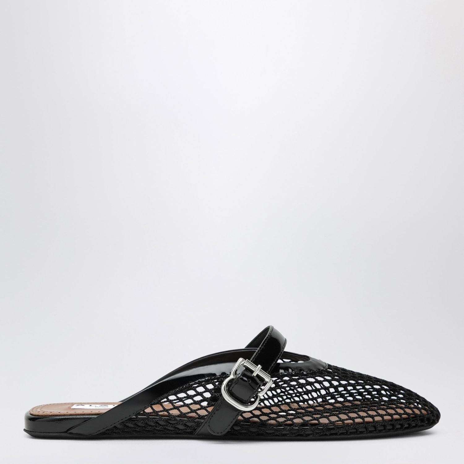 Alaia Flat Mesh Mules With Buckle Strap In Black