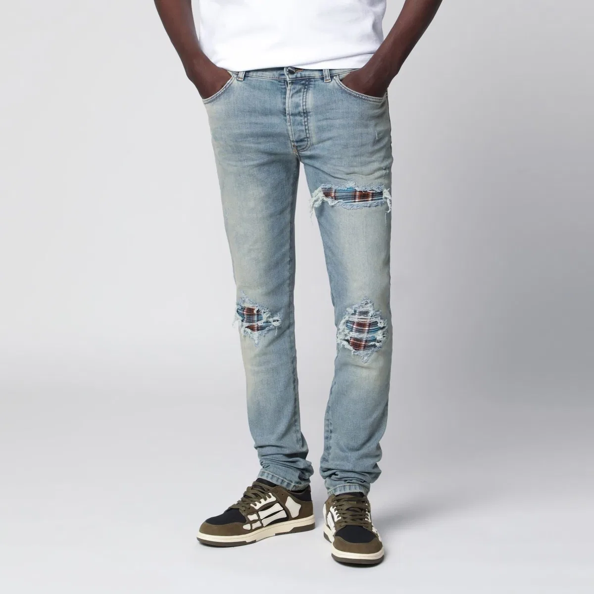 Mx1 Distressed Flannelpatched Jeans In Medium Indigo