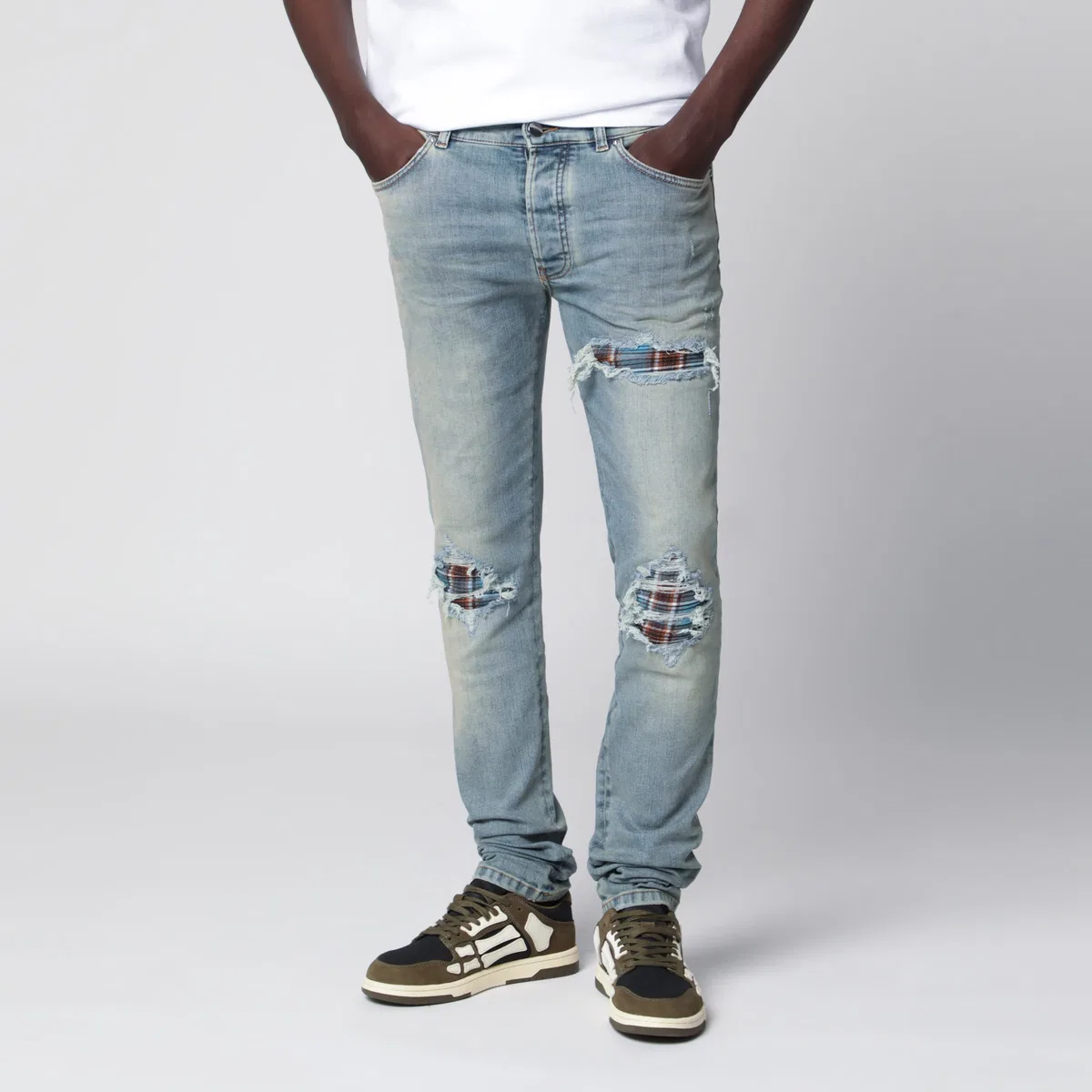 Mx1 Distressed Flannel-Patched Jeans In Medium Indigo