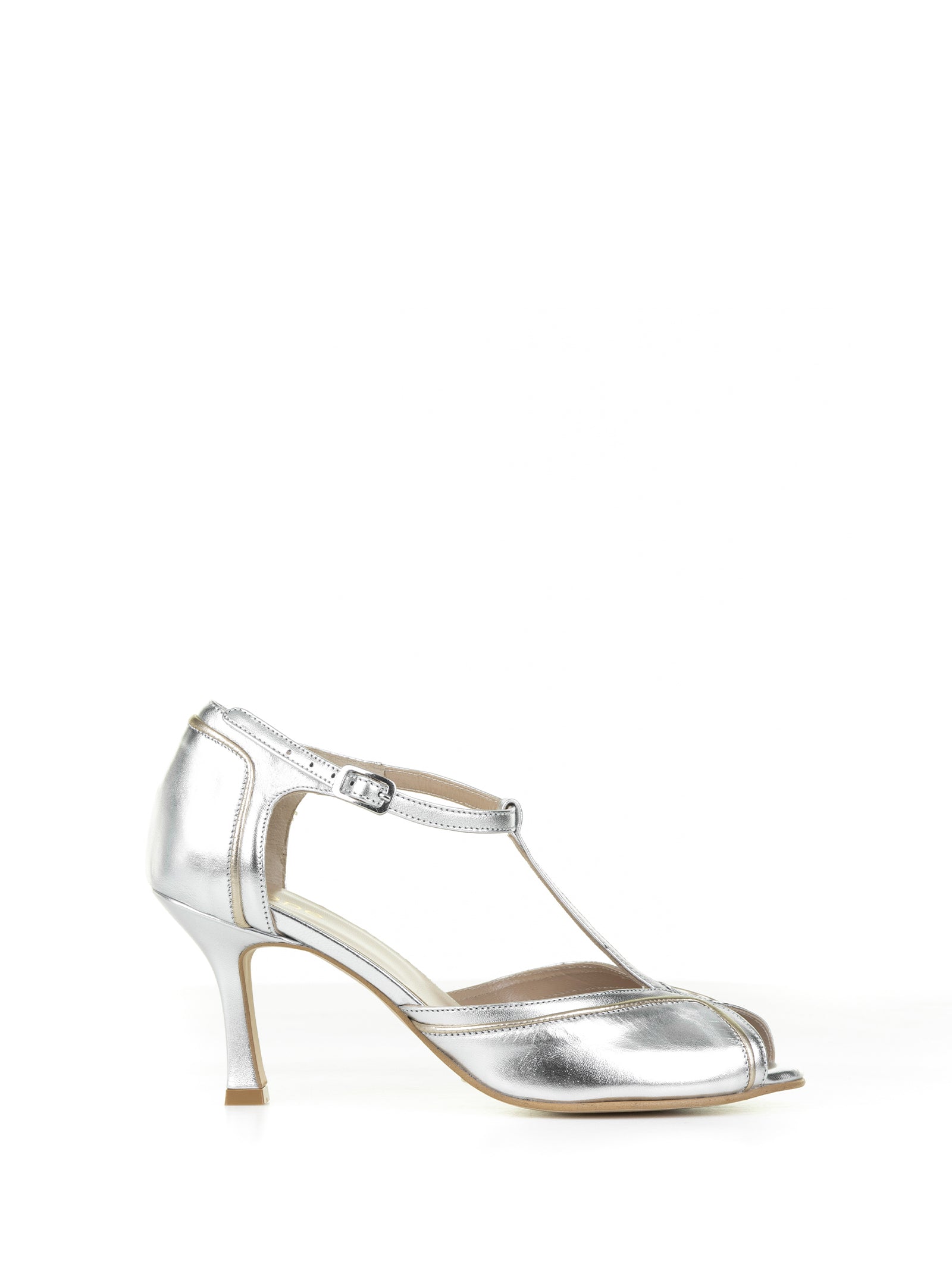 Décolleté In Silver Laminated Leather With Strap