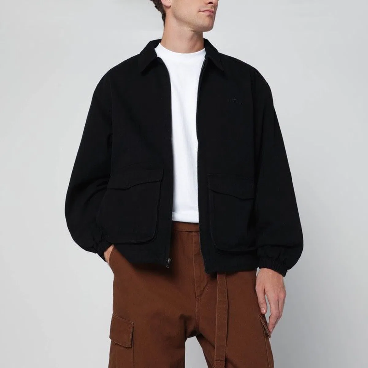 Black Zipup Overshirt With Logo