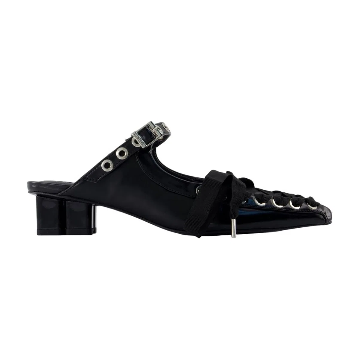 Ganni Eyelets Lace Up Mules In Black