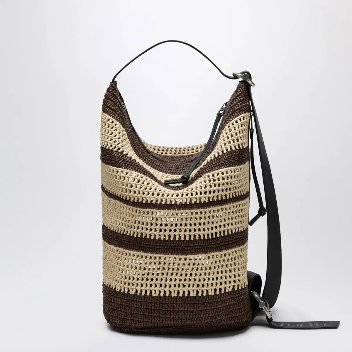 Loop Striped Raffia Bucket Bag In Chocolate/Natural