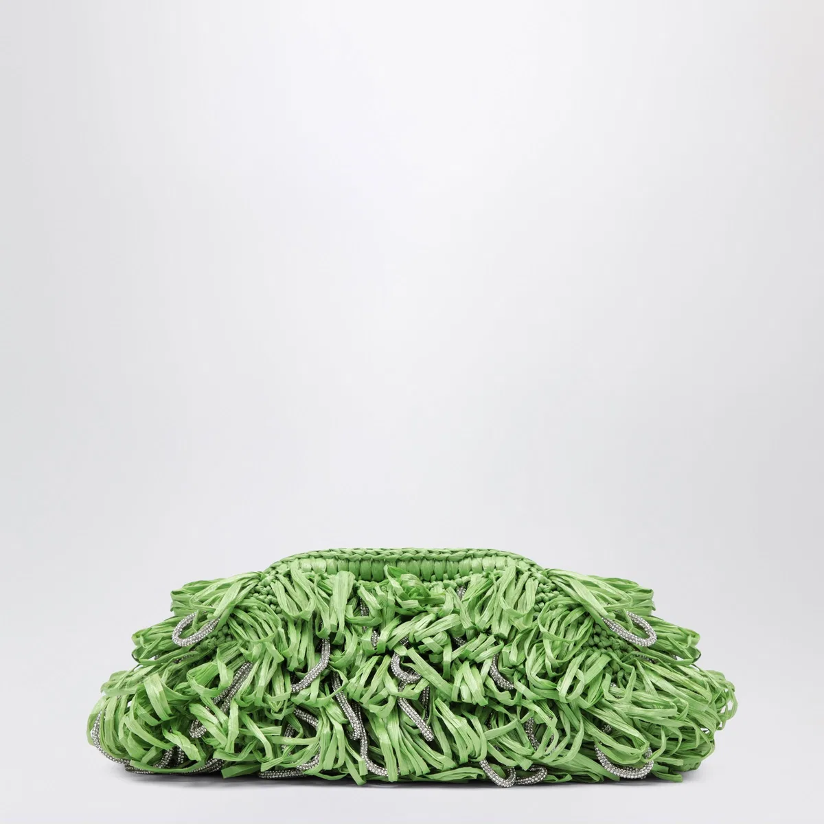 Beatrix Apple Green Clutch With Raffia Fringes And Crystals