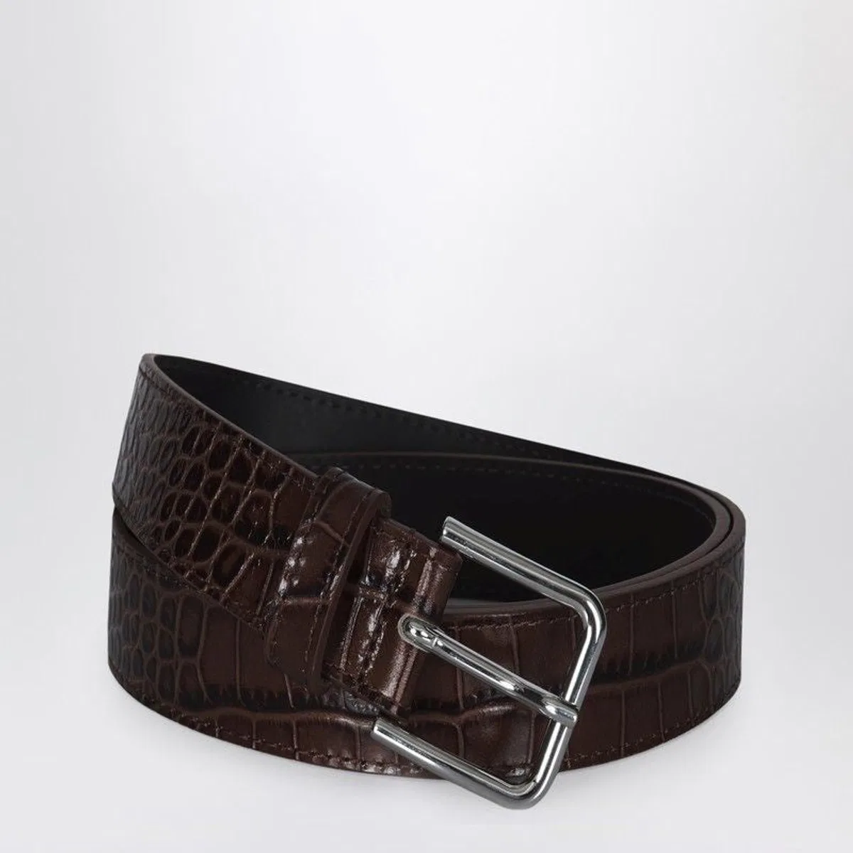 Toni Croc Belt In Brown Patent Leather With Silvertone Hardware