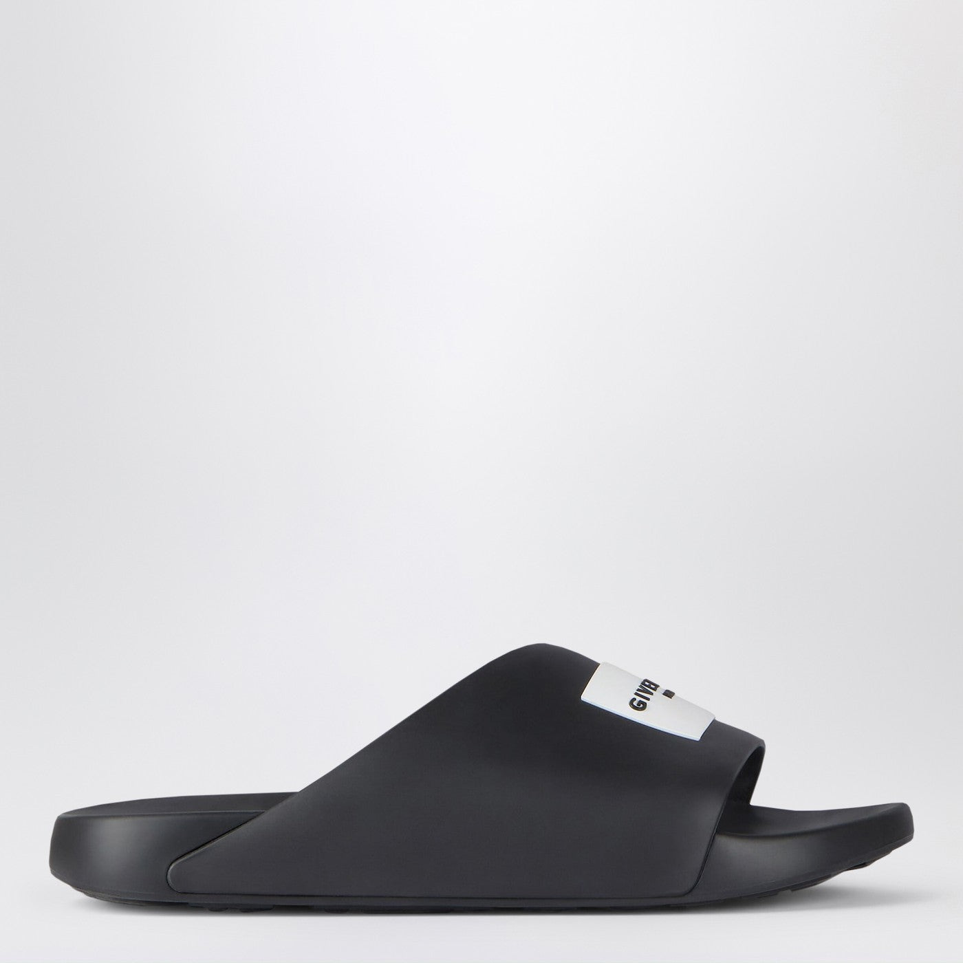 Black Rubber Label Slide Flat Mules