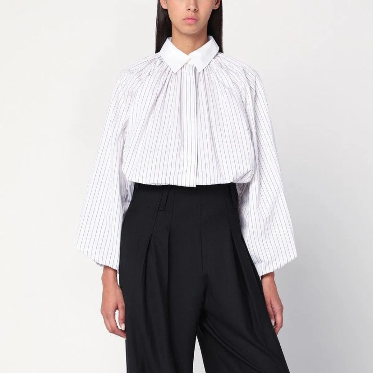 Striped Balloon-Sleeve Shirt In White