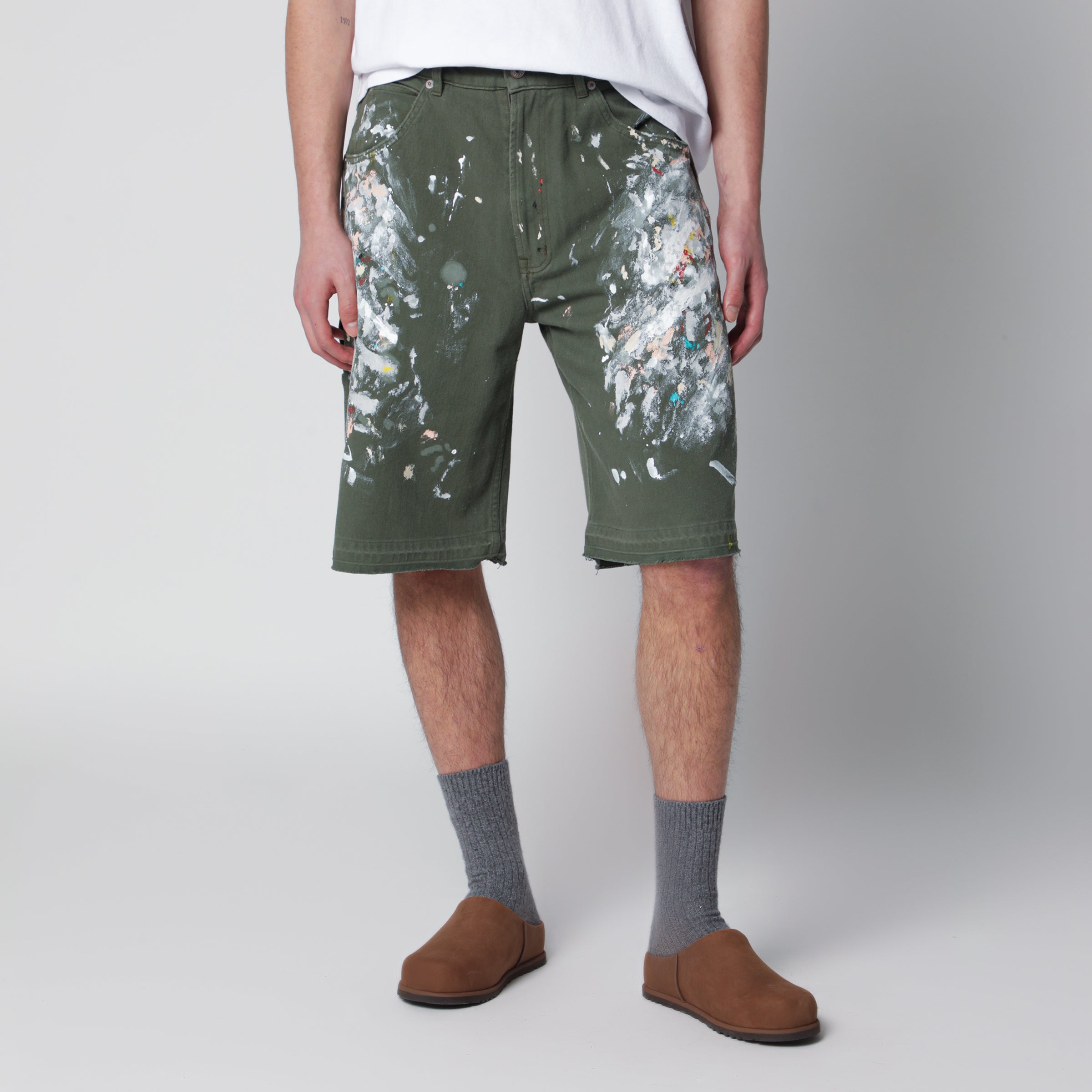 Hand-Painted Military Green Bermuda Shorts