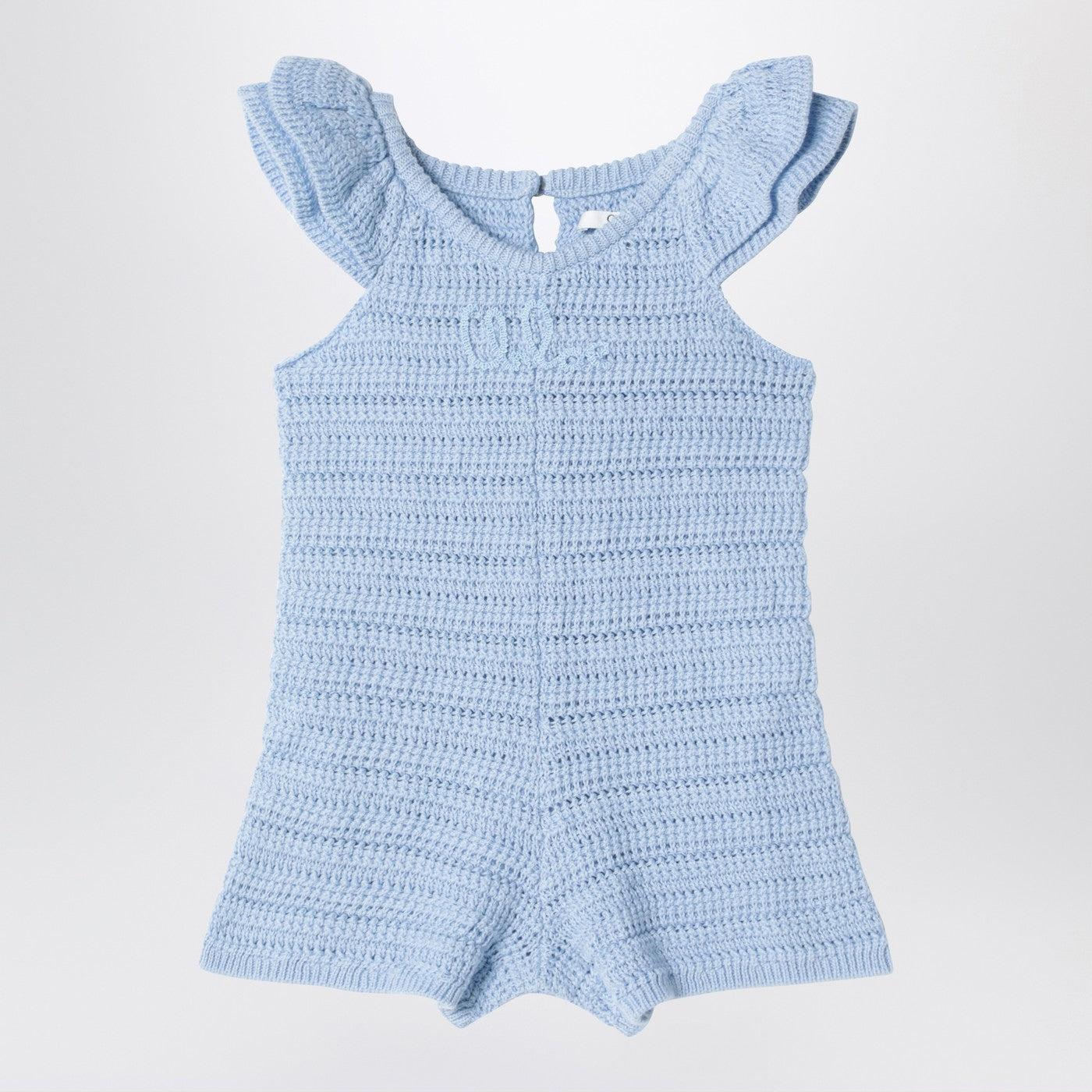 Light Blue Openwork Romper With Logo Embroidery