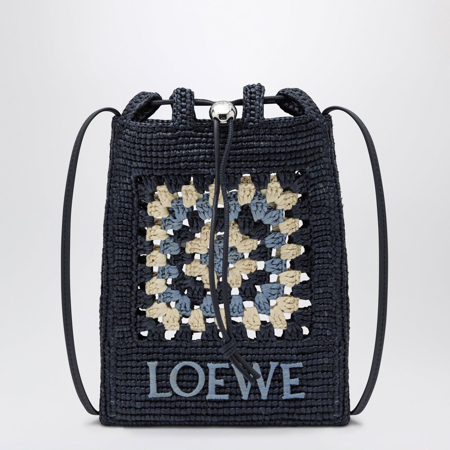 Navy/Light Blue Raffia And Leather Drawstring Pouch