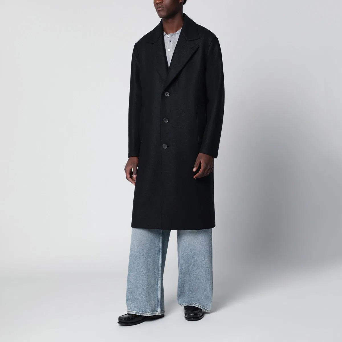 Dark Blue Single-Breasted Wool Coat