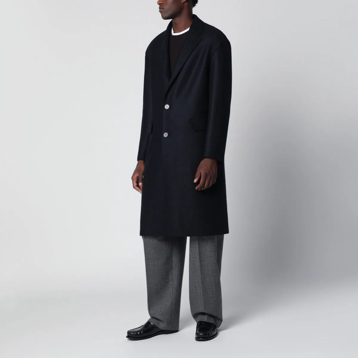 Navy Single-Breasted Wool Coat