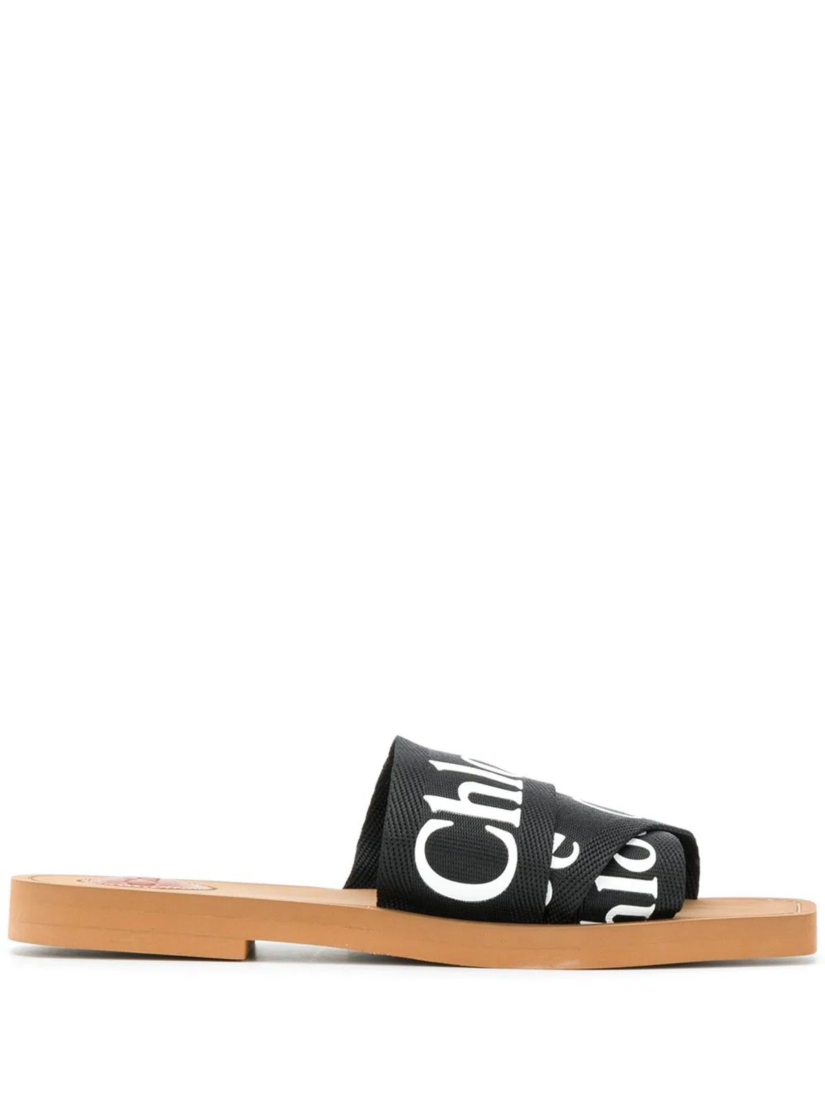 Chloé Camel Black Flat Sandal White Logo