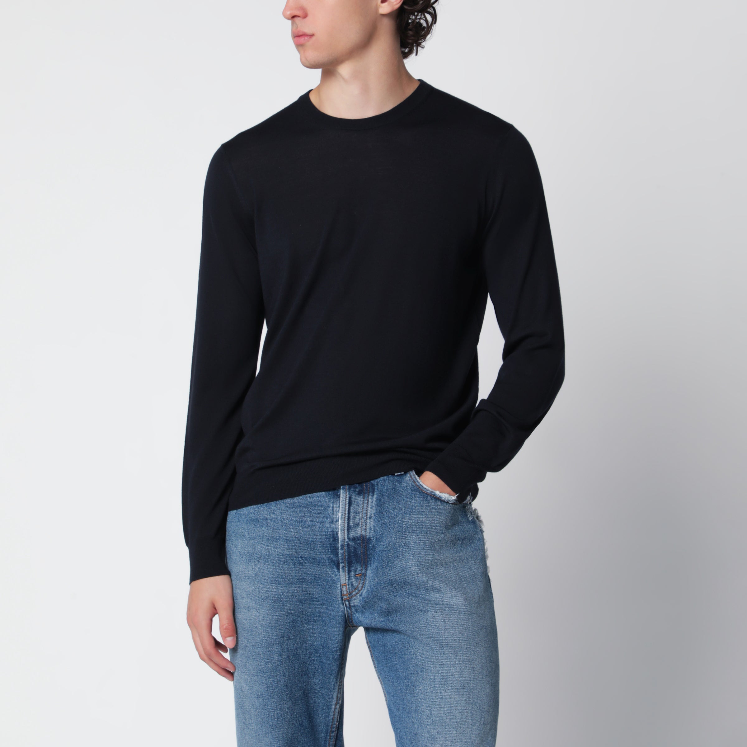 Navy Blue Wool Crew-Neck Sweater