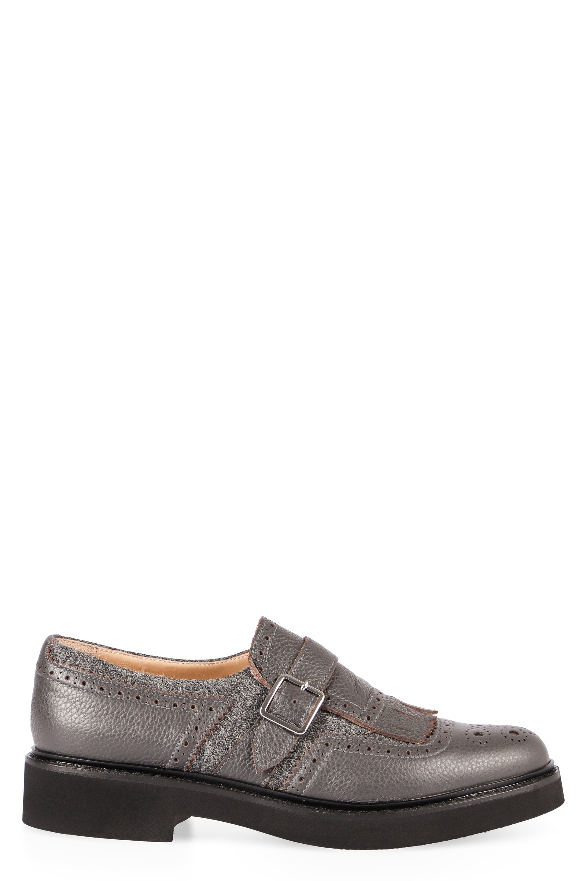 Grey Leather Shoes With Buckle And Fringes