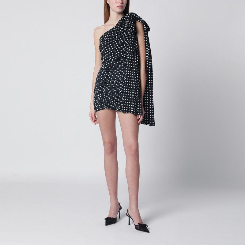 Blue Polka Dot Draped Oneshoulder Dress