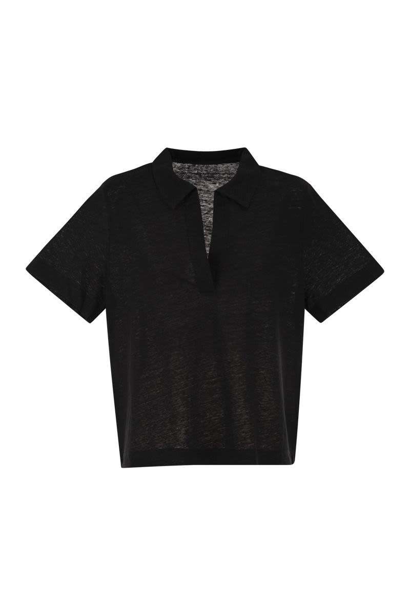 Cropped Linen Stretch Polo With V-Neck