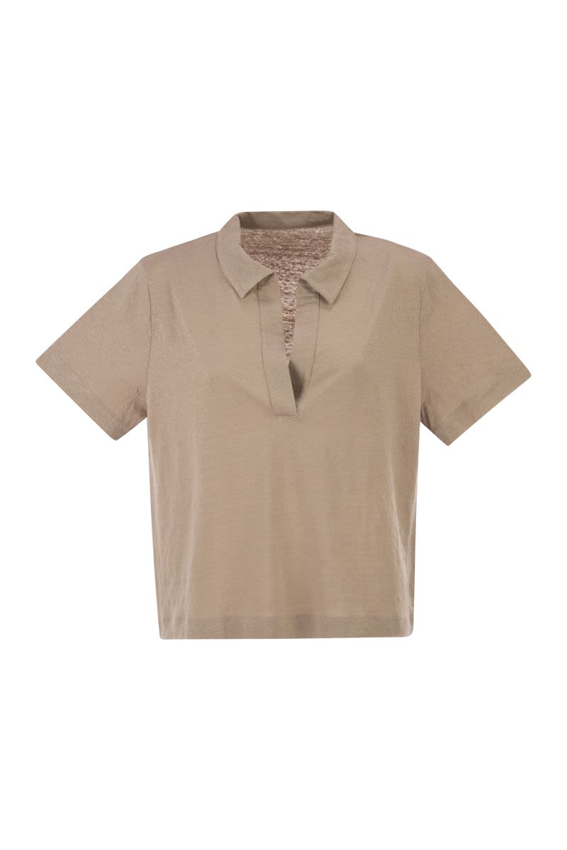 Cropped Linen Stretch Polo With V-Neck