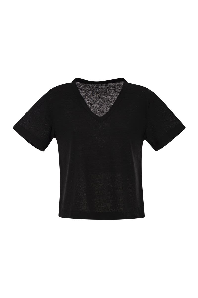 Stretch Linen T-Shirt With V-Neck