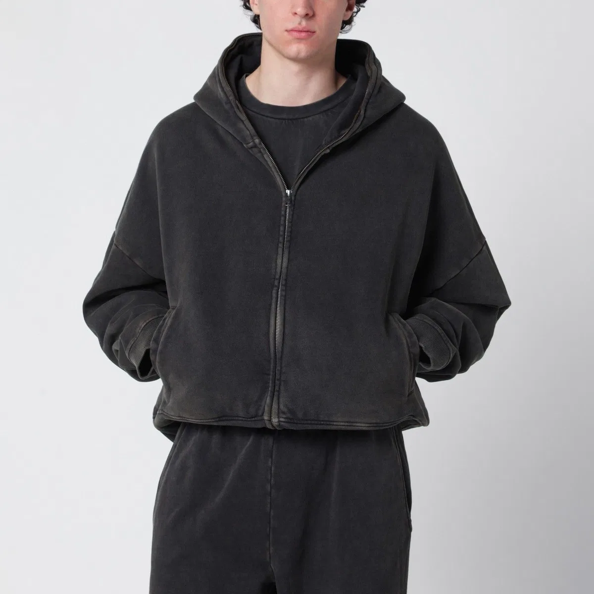 Washed Black Cotton Zipup Hoodie