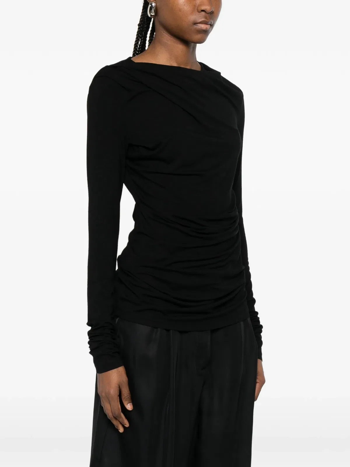 Entire Studios Draped Detail Long Sleeve Round Neck Top In Black