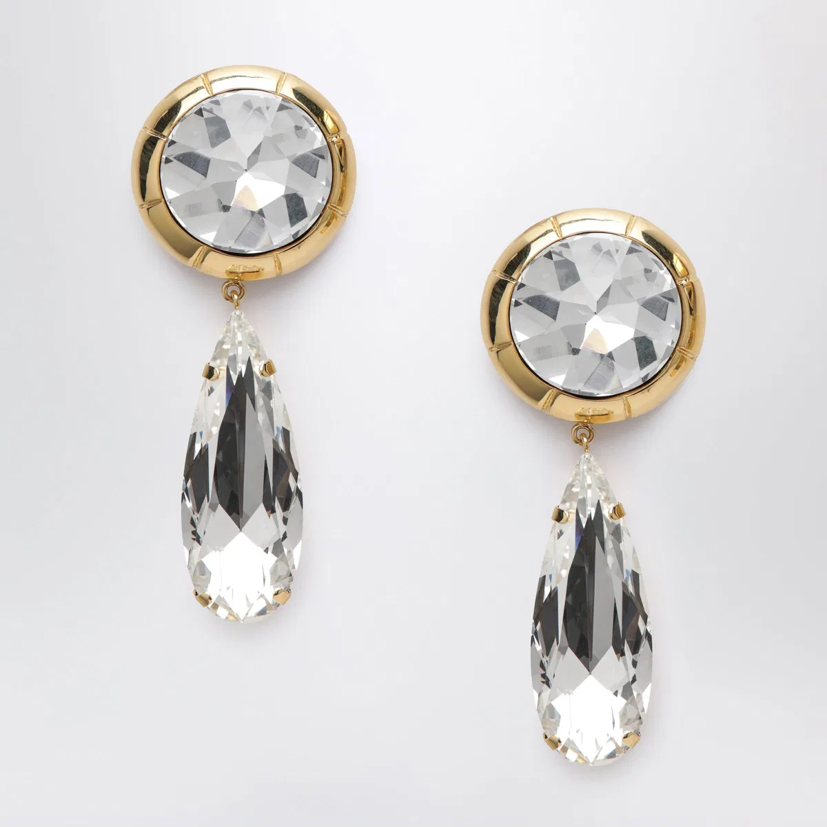Round Clip-On Gold-Tone Metal Earrings With Crystal Pendant