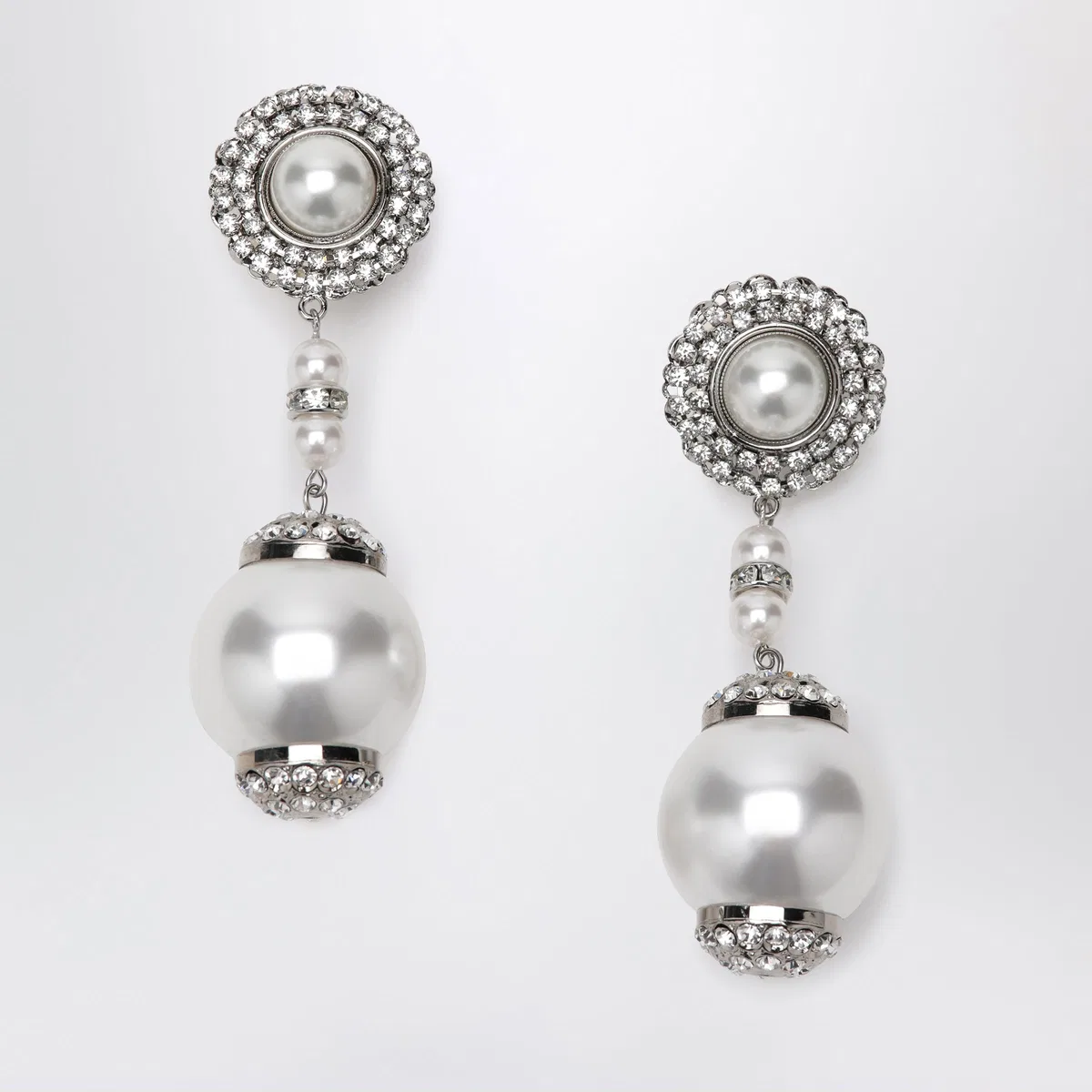 Silver-Tone Clip Earrings With Pearl And Crystal Pendant