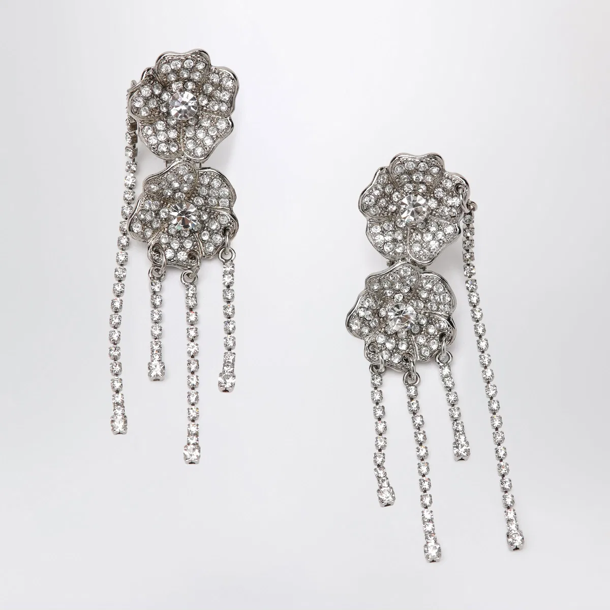 Silver-Tone Clip-On Earrings With Crystal Flowers