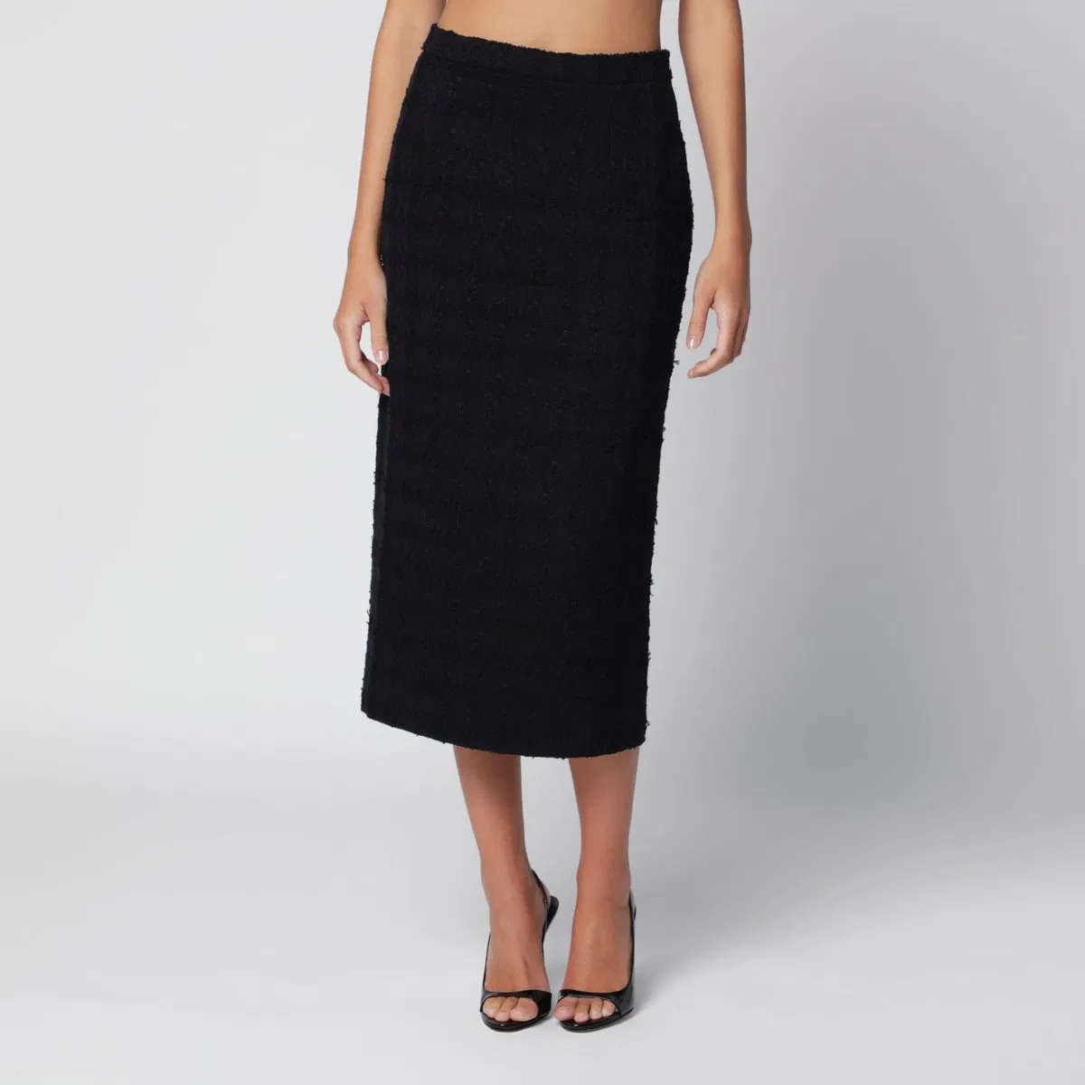 Black Bouclé Tweed Midi Skirt