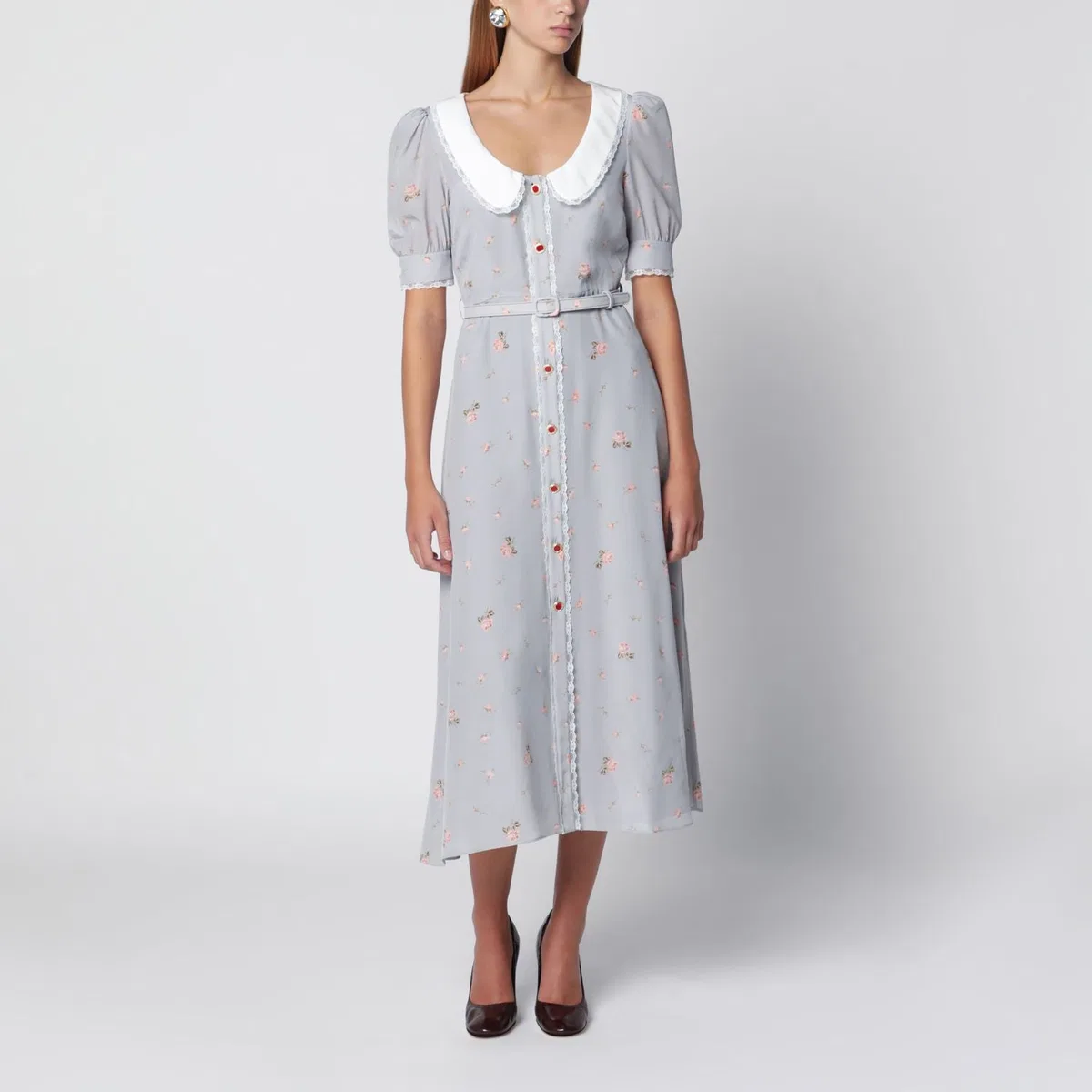 Grey/Pink Floralprint Silk Midi Dress
