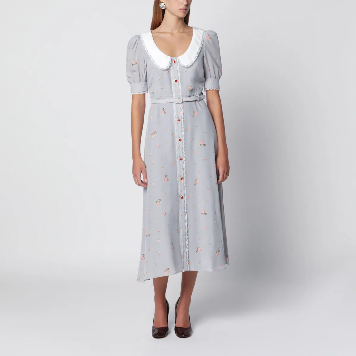 Grey/Pink Floral-Print Silk Midi Dress
