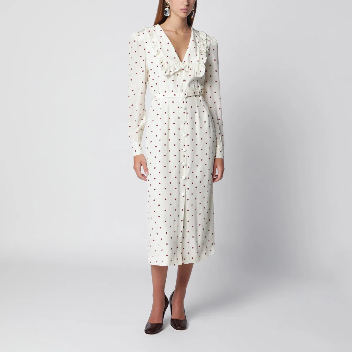 Cream Silk Midi Dress With Burgundy Polka Dots