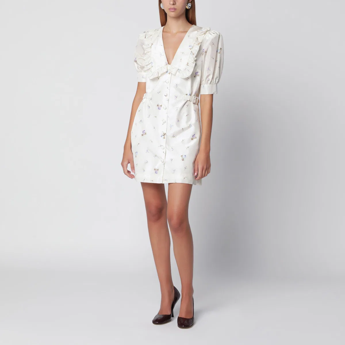 White Floral-Print Silk Mini Dress