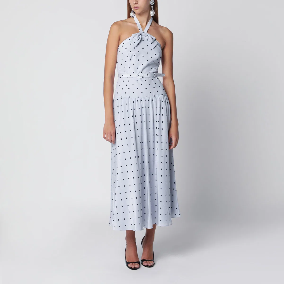 Light Blue Silk Midi Dress With Polka Dots
