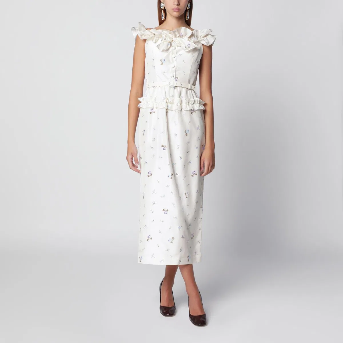 White Silk Midi Dress With Floral Pattern