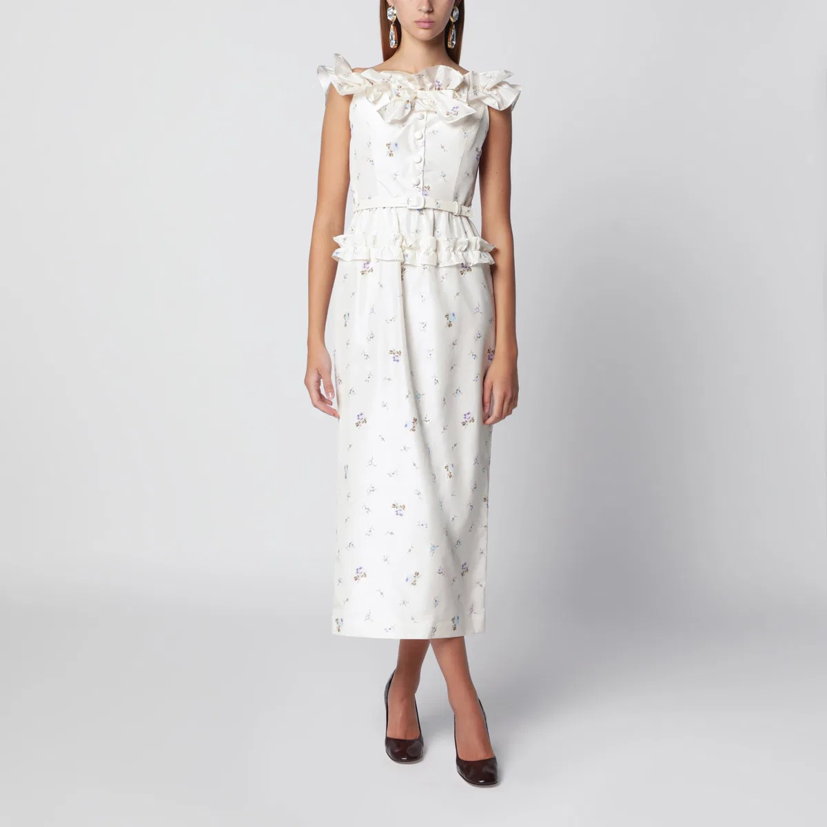 White Silk Midi Dress With Floral Pattern