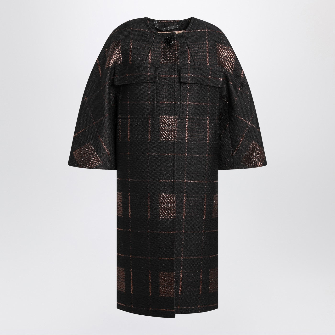 Black Cocoon Coat In Jacquard Lamé