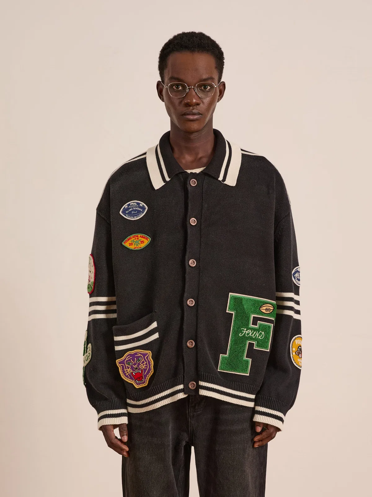 Found Varsity Patch Collared Cardigan In Black